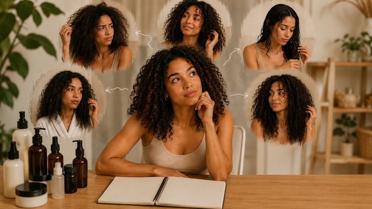 Curly-haired woman surrounded by different hair care results, representing how curly hair routines vary from person to person.