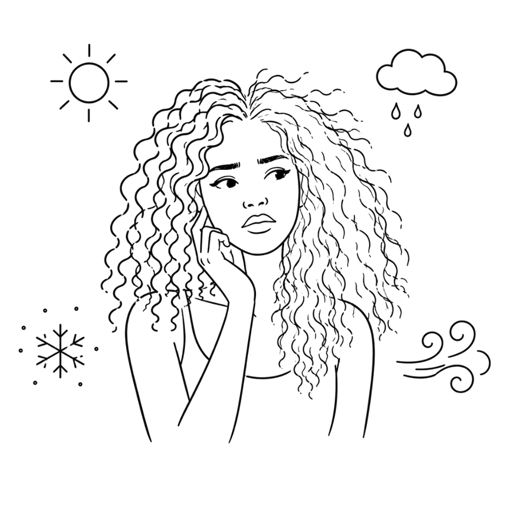 Illustration of a woman with curly hair experiencing different weather conditions while learning how seasonal changes affect curly hair care and her curly hair routine