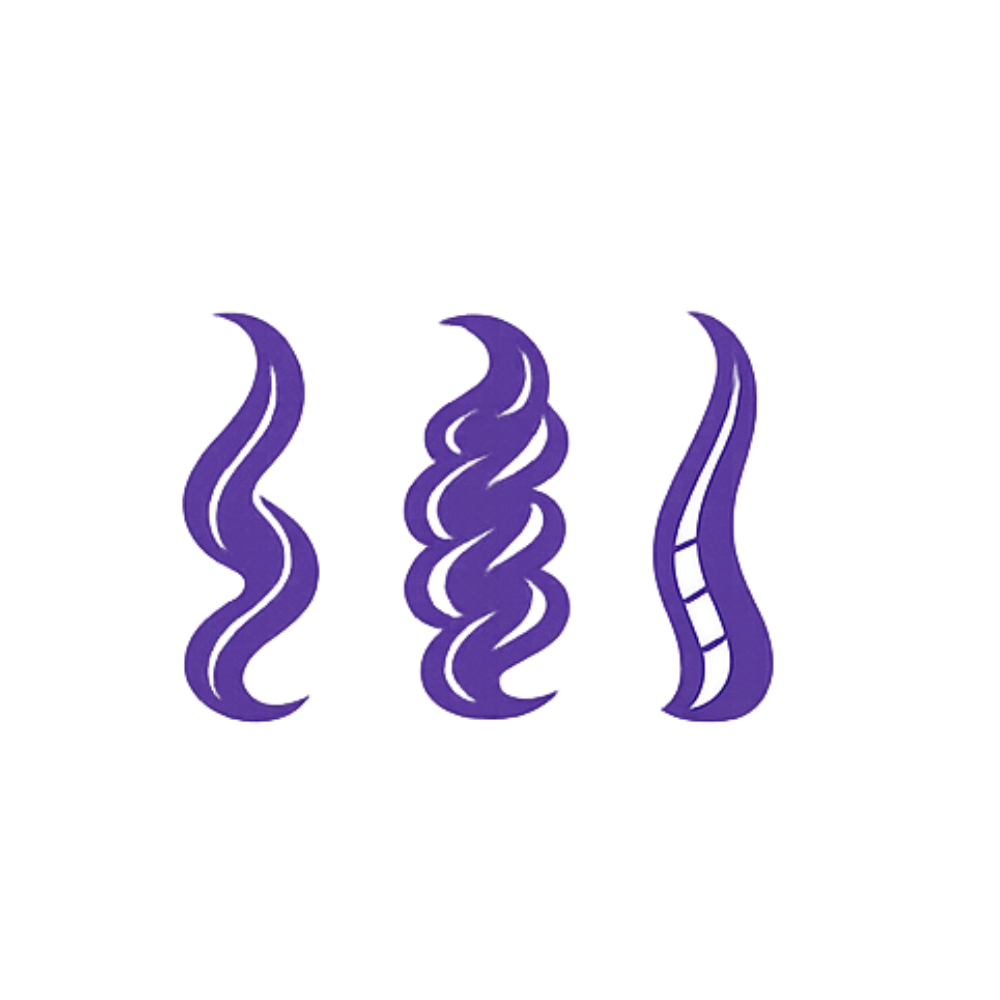 Curly hair styling icon showing different curl patterns and styling results.