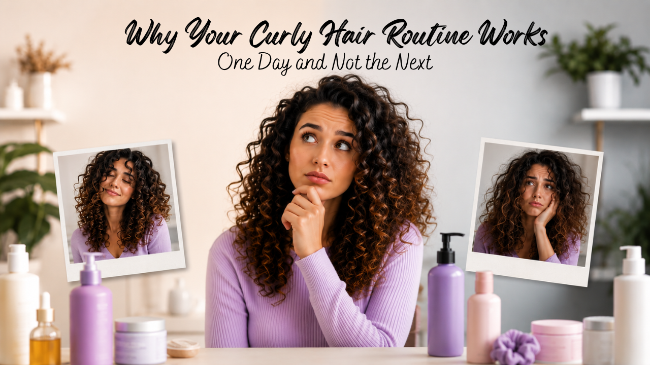 Woman with curly hair wondering why her curly hair routine produces different curl results from one day to the next.