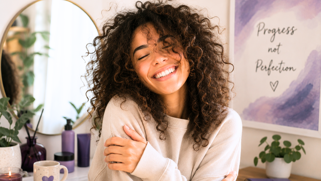Woman with curly hair smiling confidently during a natural curly hair day, celebrating progress and self-confidence in her curl care journey.