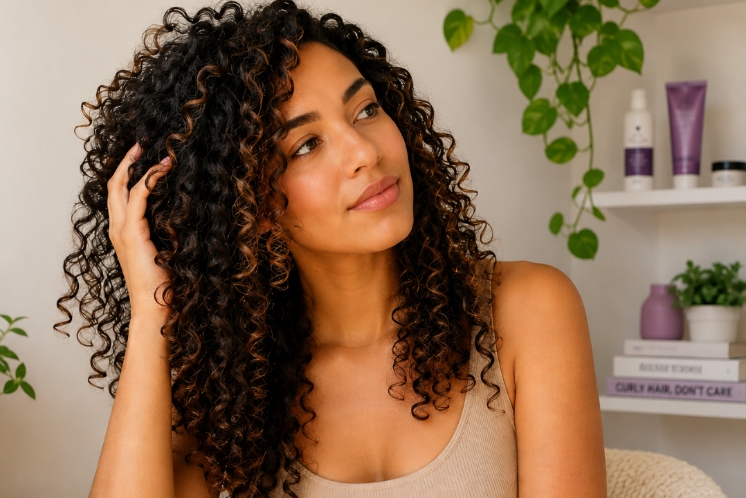 Woman with natural curly hair learning how to understand and care for her curls through curly hair education and a personalized curly hair routine.