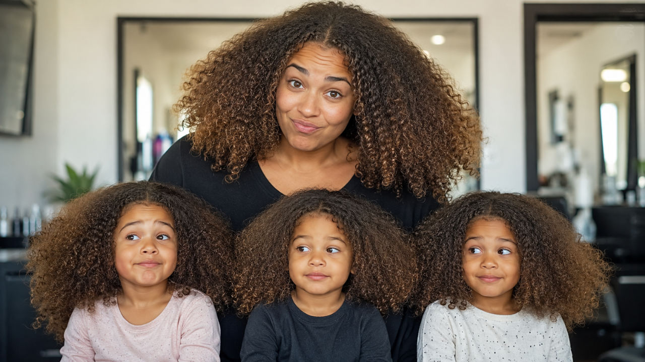 Woman and children with curly hair flat on top and full at the sides