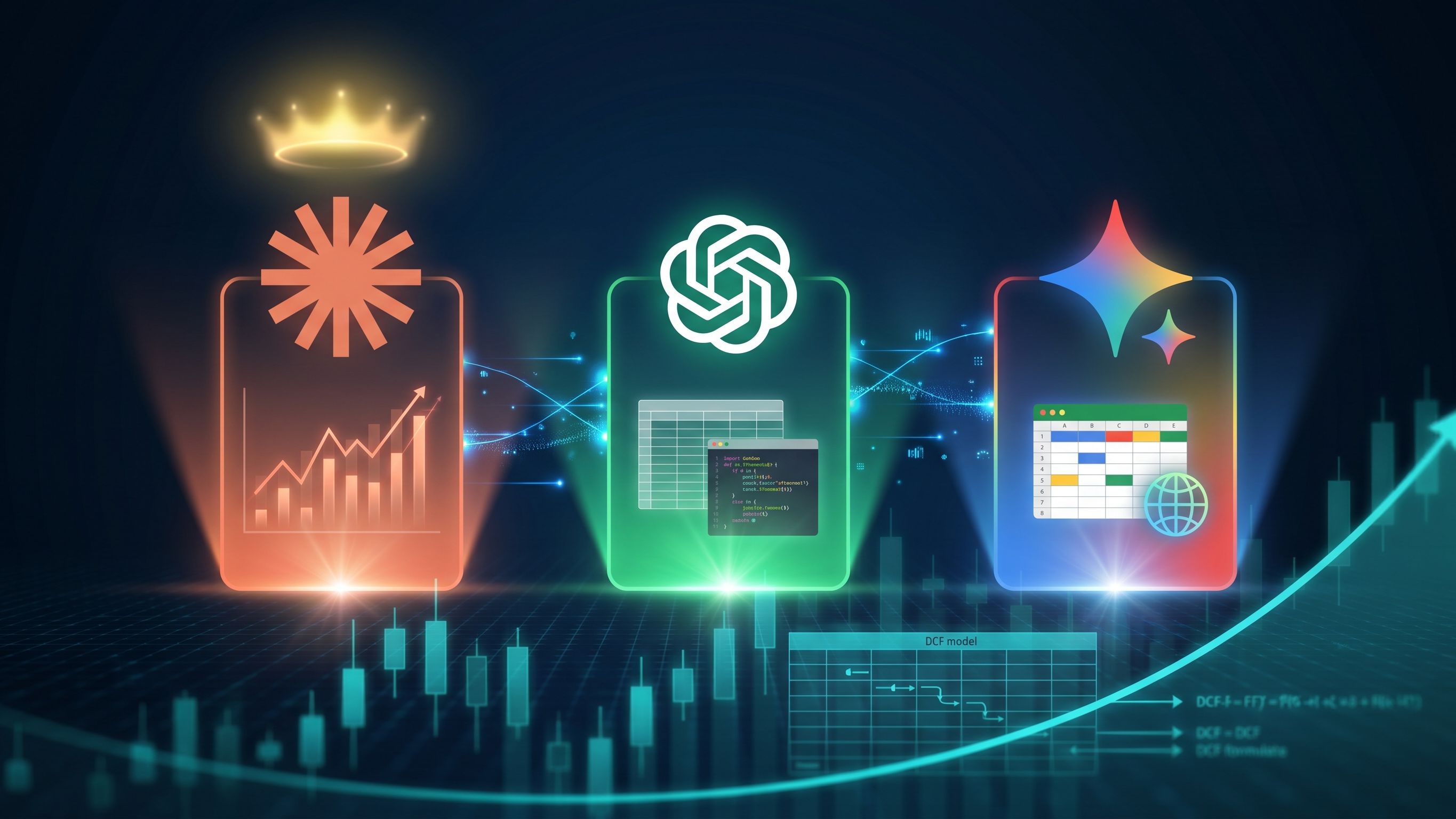 Comparison of leading AI models for finance work, showing Claude, ChatGPT, and Gemini icons with financial charts, spreadsheets, and forecasting visuals.