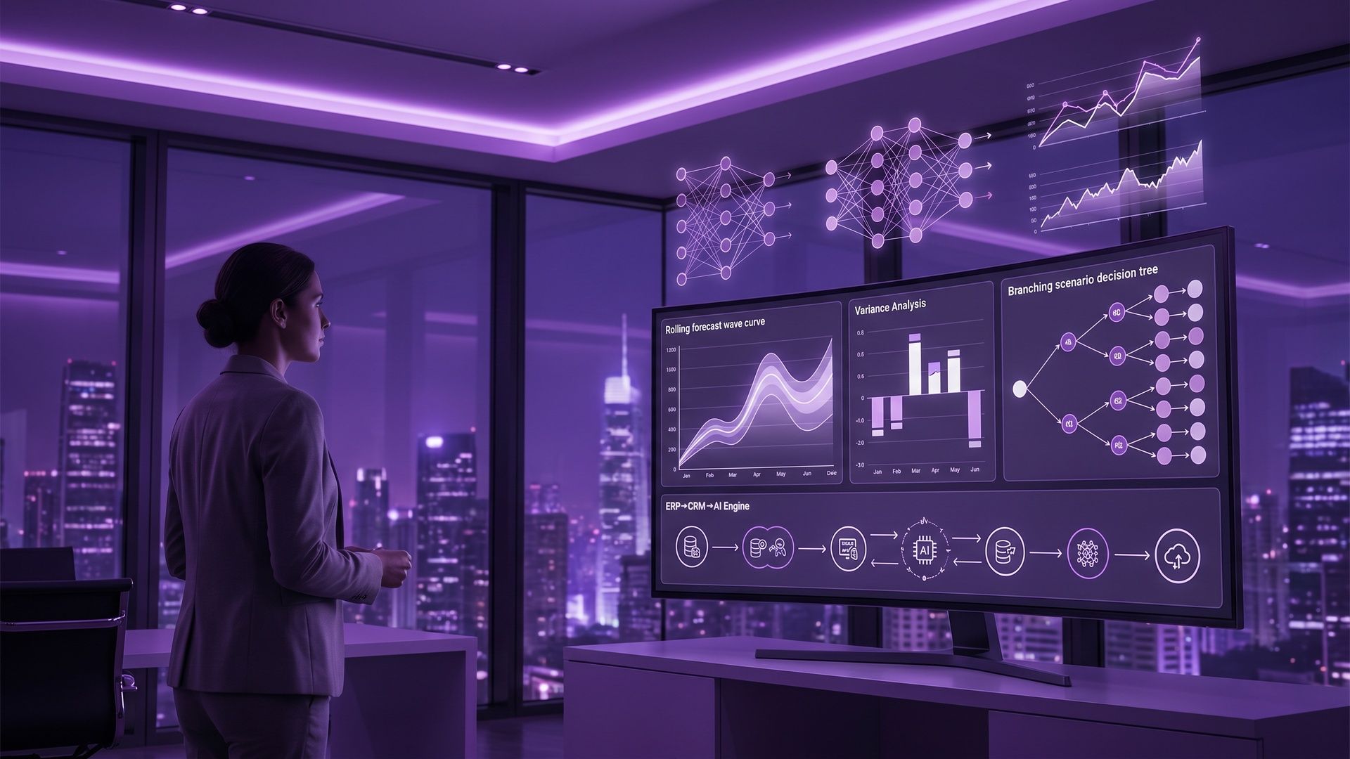 Finance professional analyzing AI-powered FP&A dashboards with forecasting charts, variance analysis, and scenario planning visuals for modern finance teams.