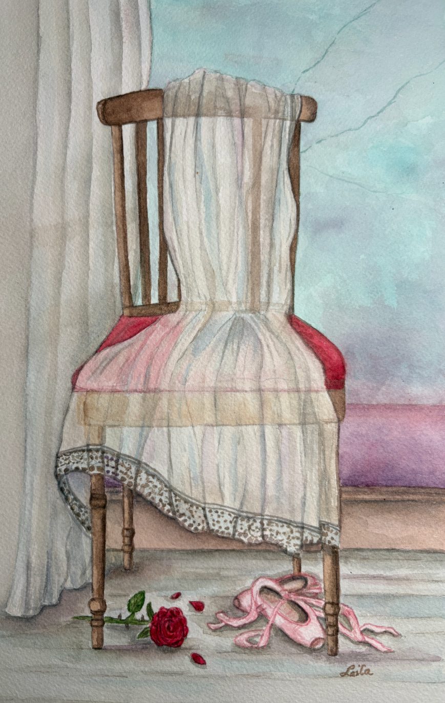Watercolor of a chair with a sheer dress, ballet slippers and a rose