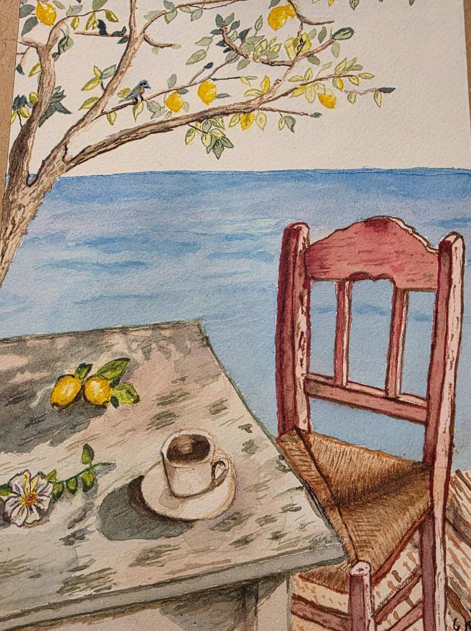 Watercolor of a red chair and coffee cup by the sea