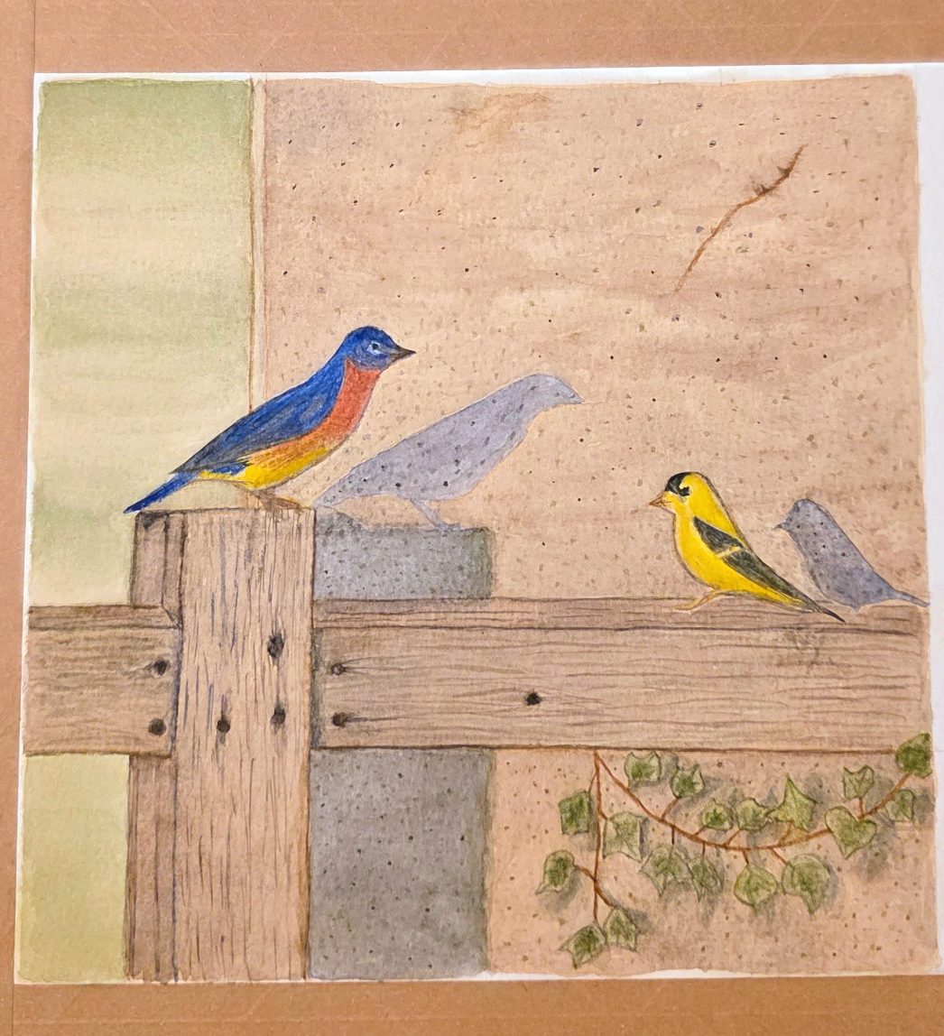 Watercolor of a bluebird and a goldfinch on a fence