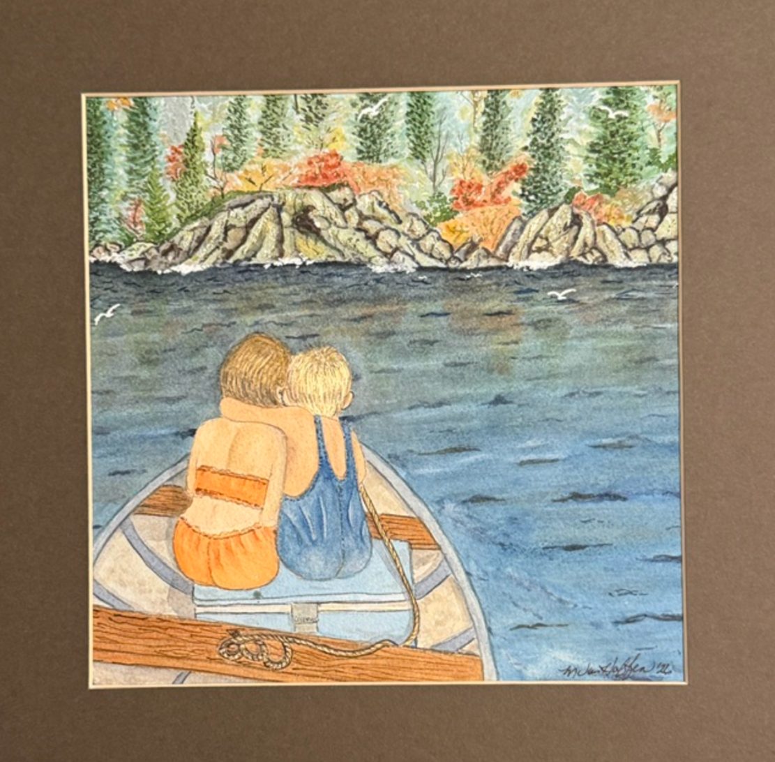 Watercolor of two children in a canoe on a lake
