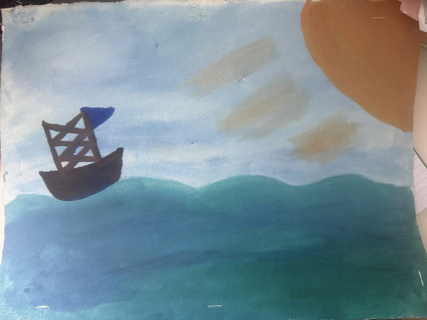 A simple painting of a boat on flat blue water