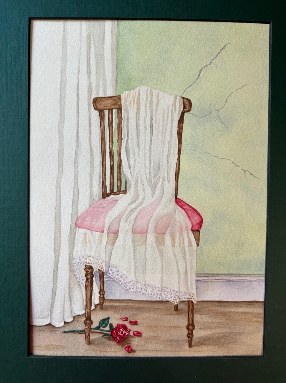 Framed watercolor of a chair with a white cloth over a pink velvet seat