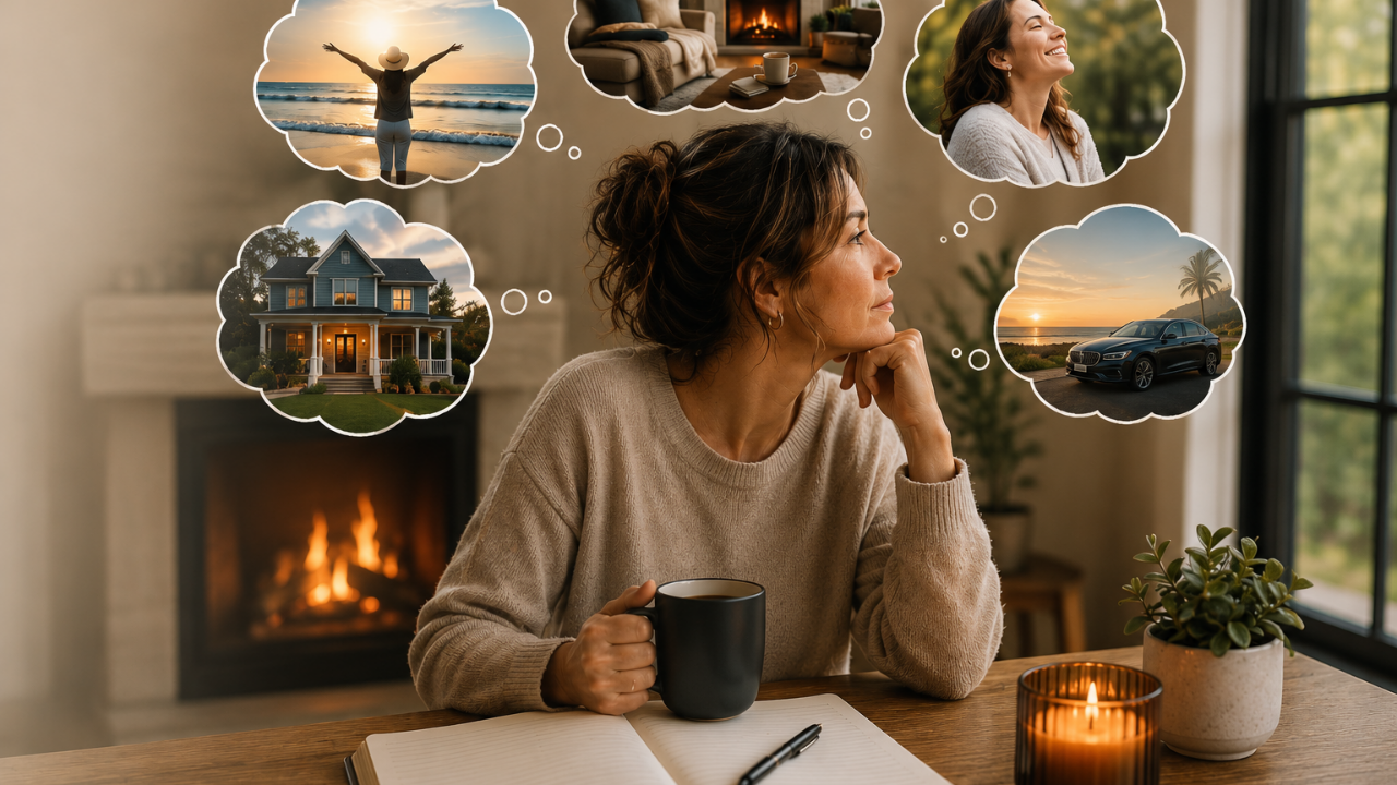 Woman thinking a lot of desirable things.