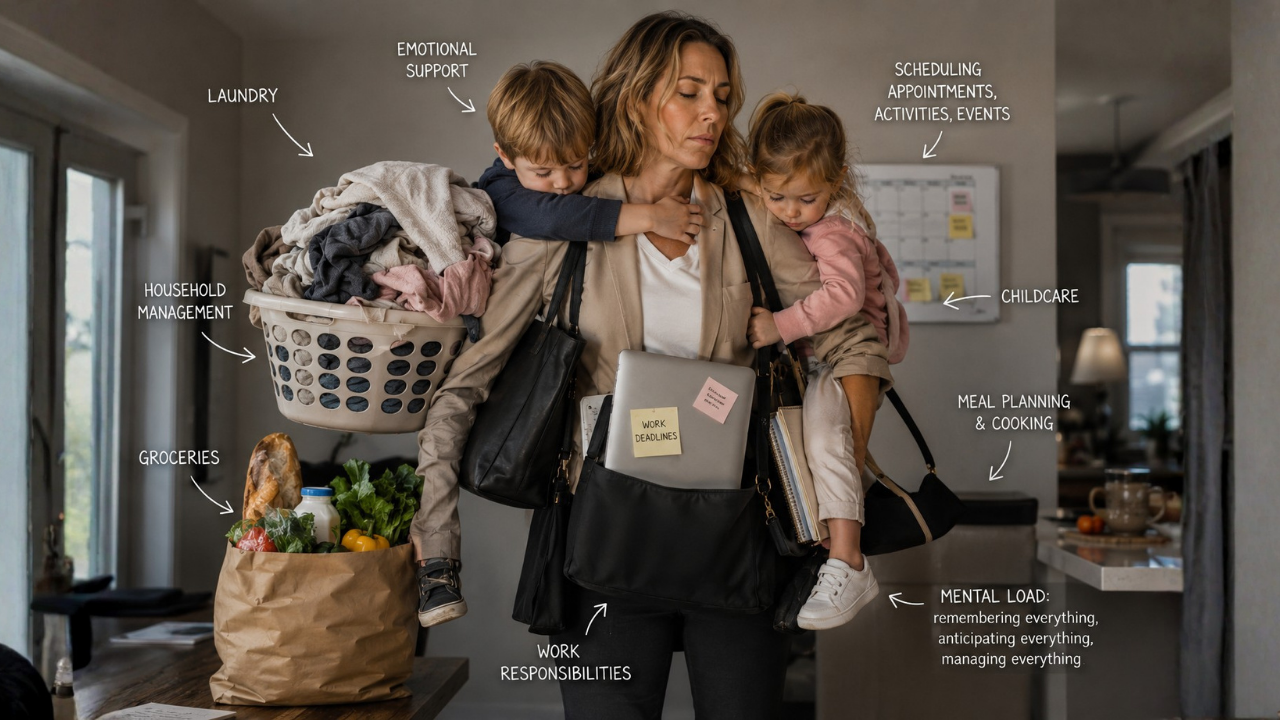 Woman carrying her children along with other things