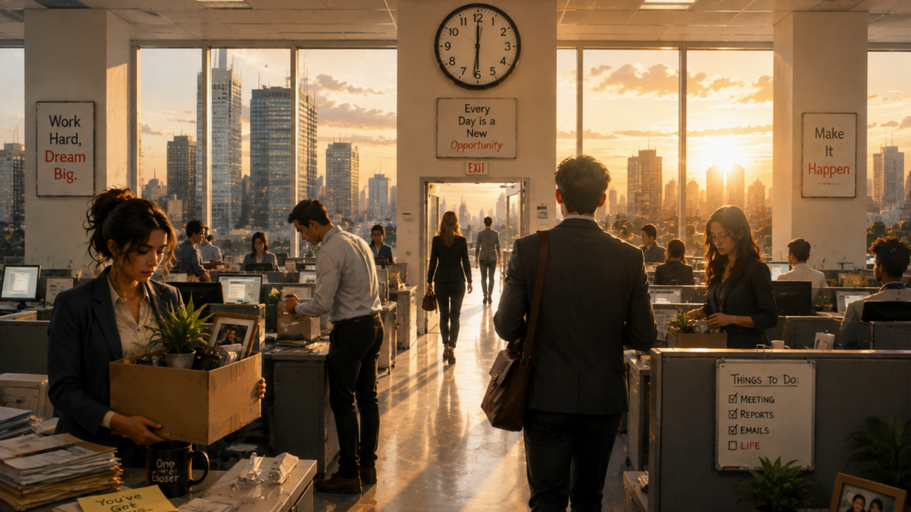Woman leaving an office at sunset, symbolizing career transition and workplace burnout.