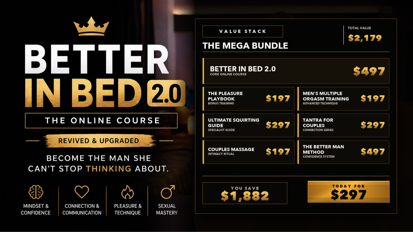 Better in Bed 2.0 Mega Bundle value stack showing seven included courses, $2,179 total value, and today’s $297 price.