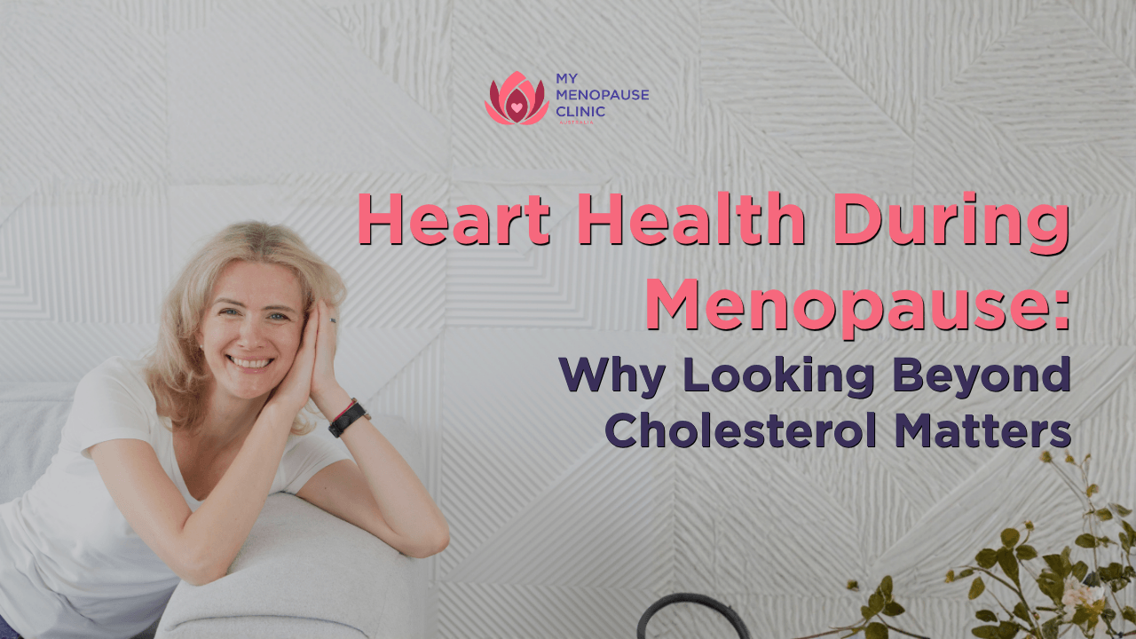 Woman in perimenopause learning about heart health, cholesterol, and menopause.