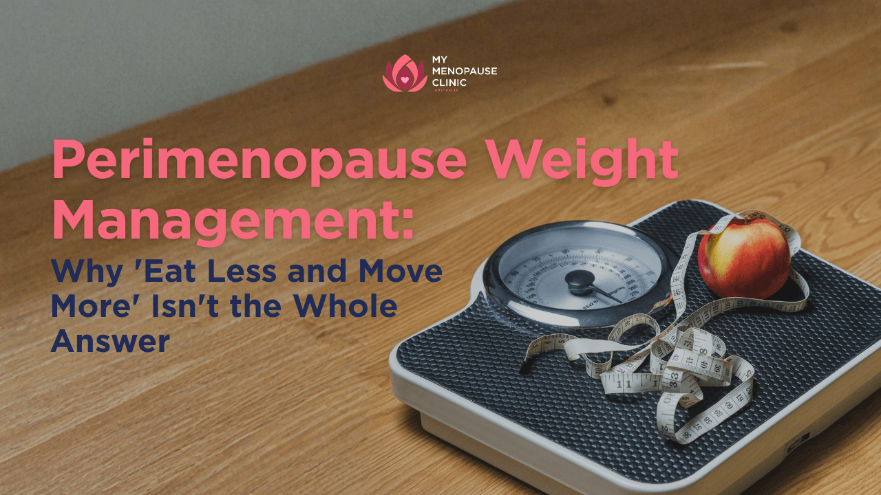 Scale with an apple and tape measure, representing perimenopause weight management beyond diet and exercise
