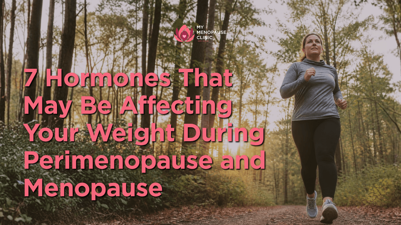 Woman jogging outdoors in a forest, representing exercise and lifestyle support for hormone-related weight changes during perimenopause and menopause