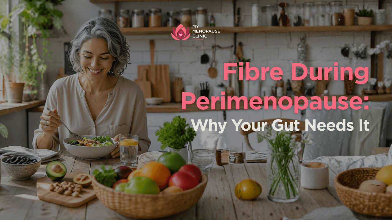 Woman enjoying a fibre-rich meal to support gut health during perimenopause.