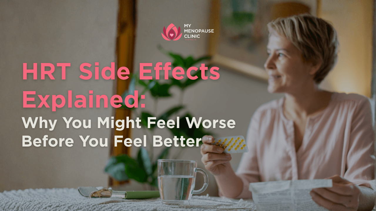 woman holding HRT medication wondering about HRT side effects during perimenopause