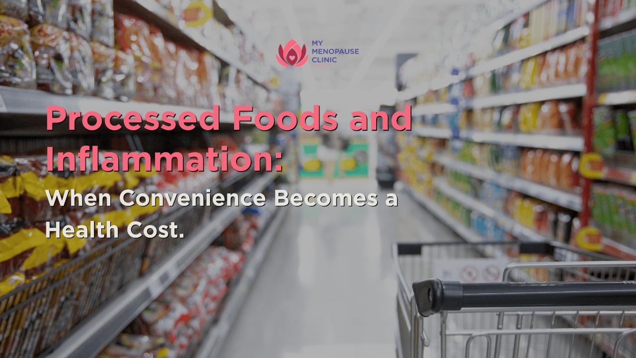 supermarket aisle filled with processed foods linked to chronic inflammation and metabolic health issues