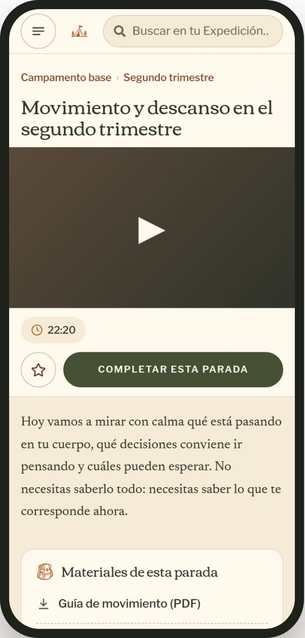 Una lección en el teléfono: video, botón Completar esta parada y materiales