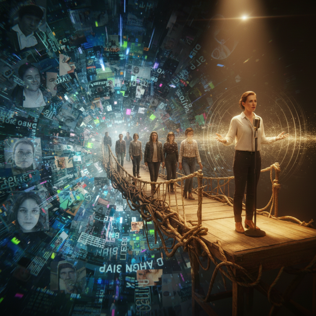 AI genA person standing on a bridge of proof in a digital vortex of AI data, representing unfiltered human presence.erated Image