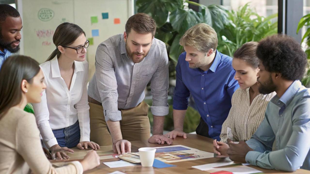 Employees and managers working together in a workplace shaped by trust and effective leadership