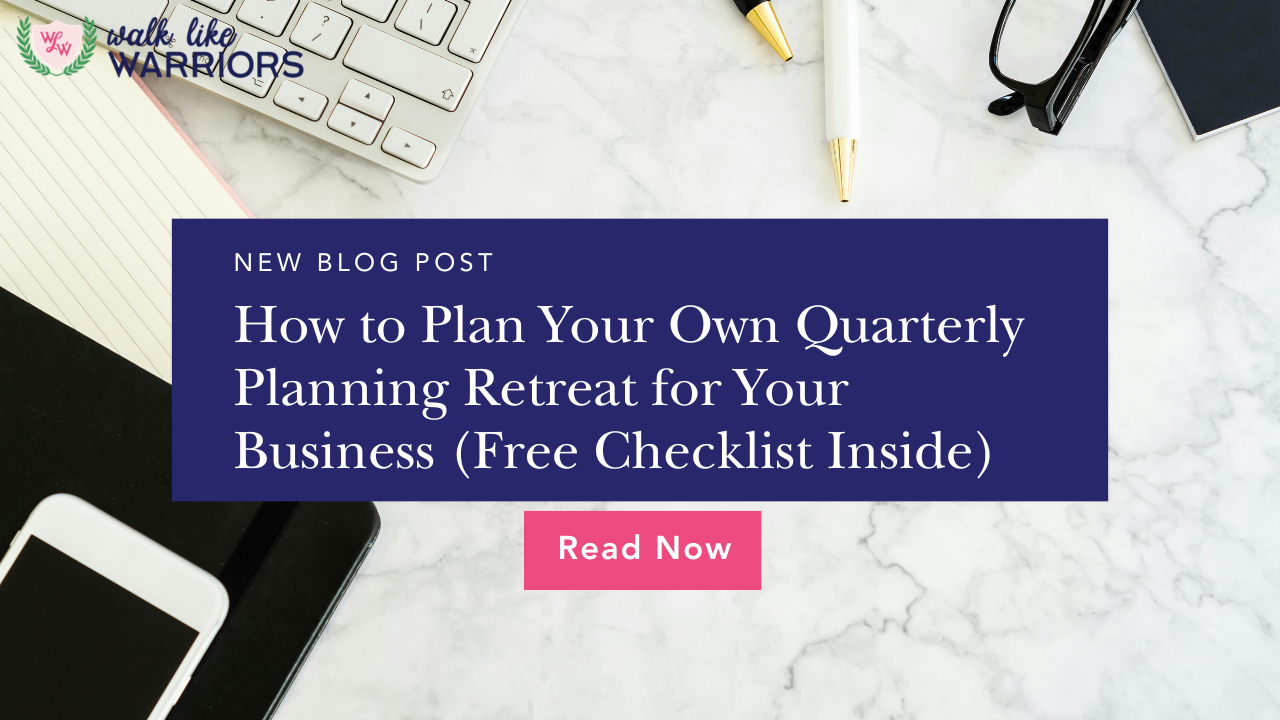 Female entrepreneur planning a quarterly business retreat with notebooks, laptop, coffee, and printed strategy documents
