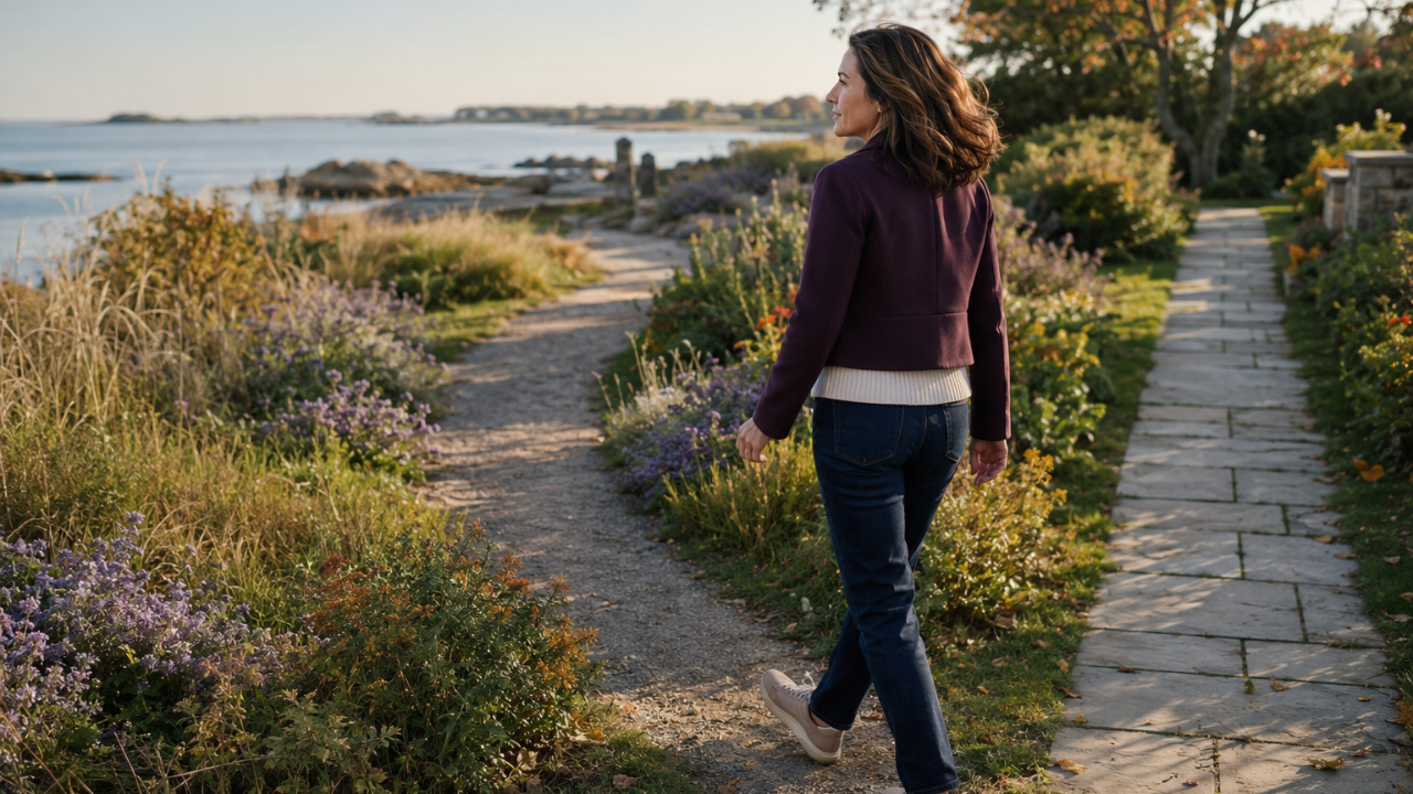 Woman in her early 40s stepping away from a straight stone walkway onto a curved coastal garden path.