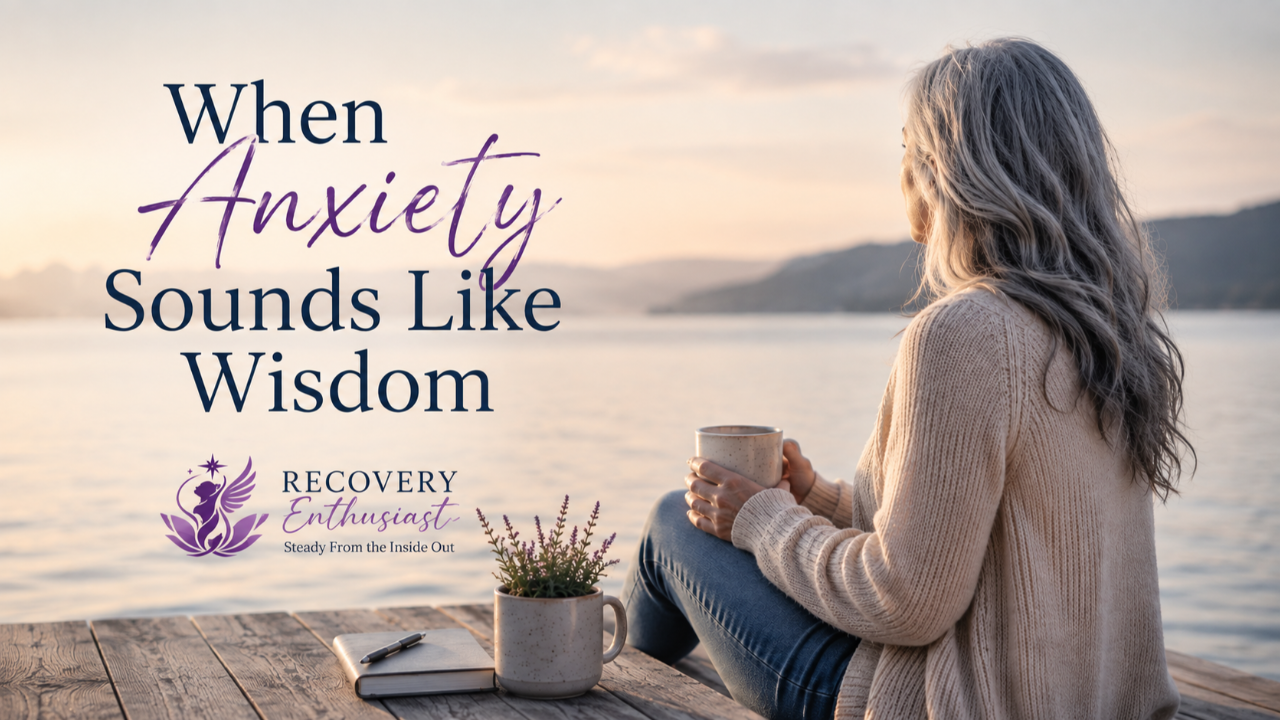 Silver-haired woman reflecting by a peaceful lake with a journal and coffee. Blog image for "When Anxiety Sounds Like Wisdom" about anxiety, recovery, and emotional resilience.