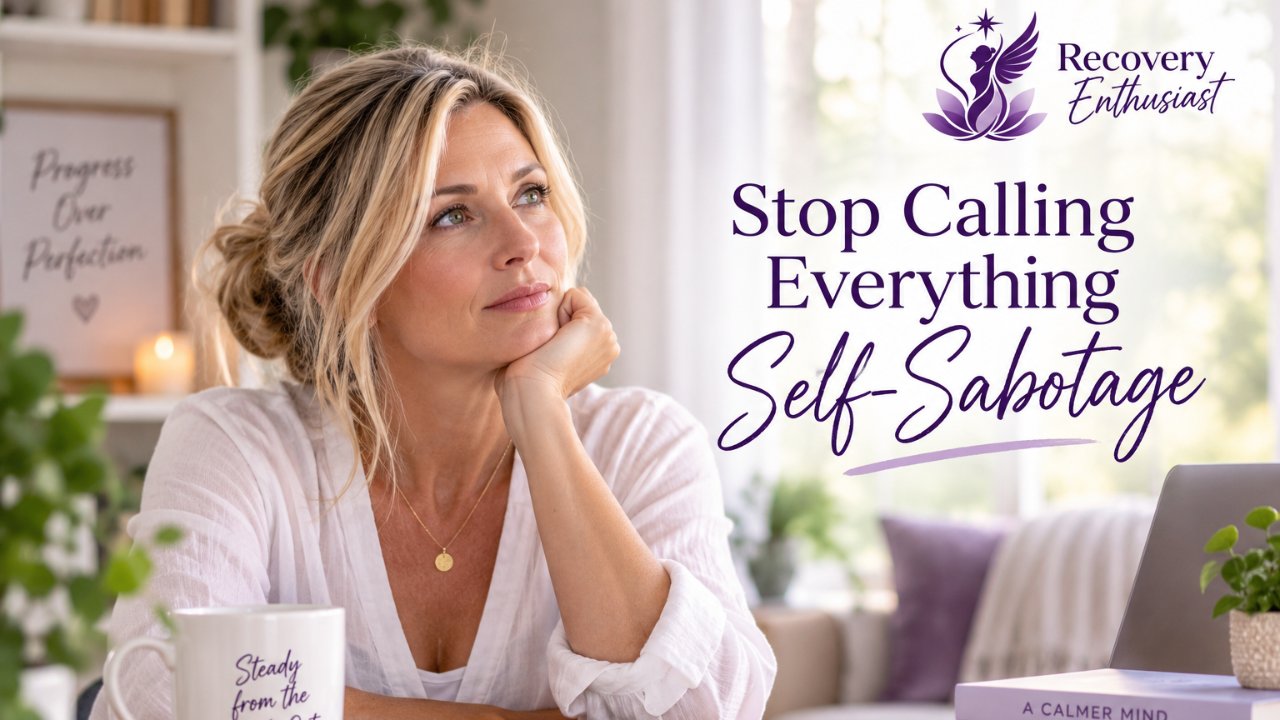 Thoughtful woman at a desk with the words “Stop Calling Everything Self-Sabotage,” illustrating protective patterns, self-awareness, and emotional regulation.