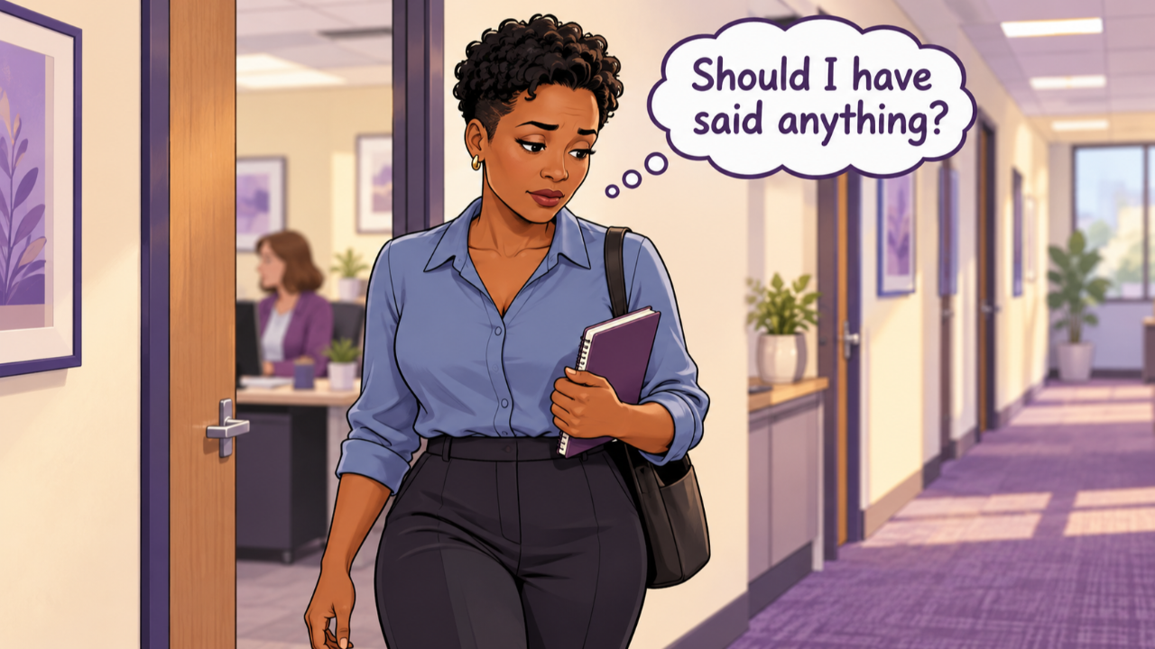 Cartoon woman leaving an office, thinking “Should I have said anything?”