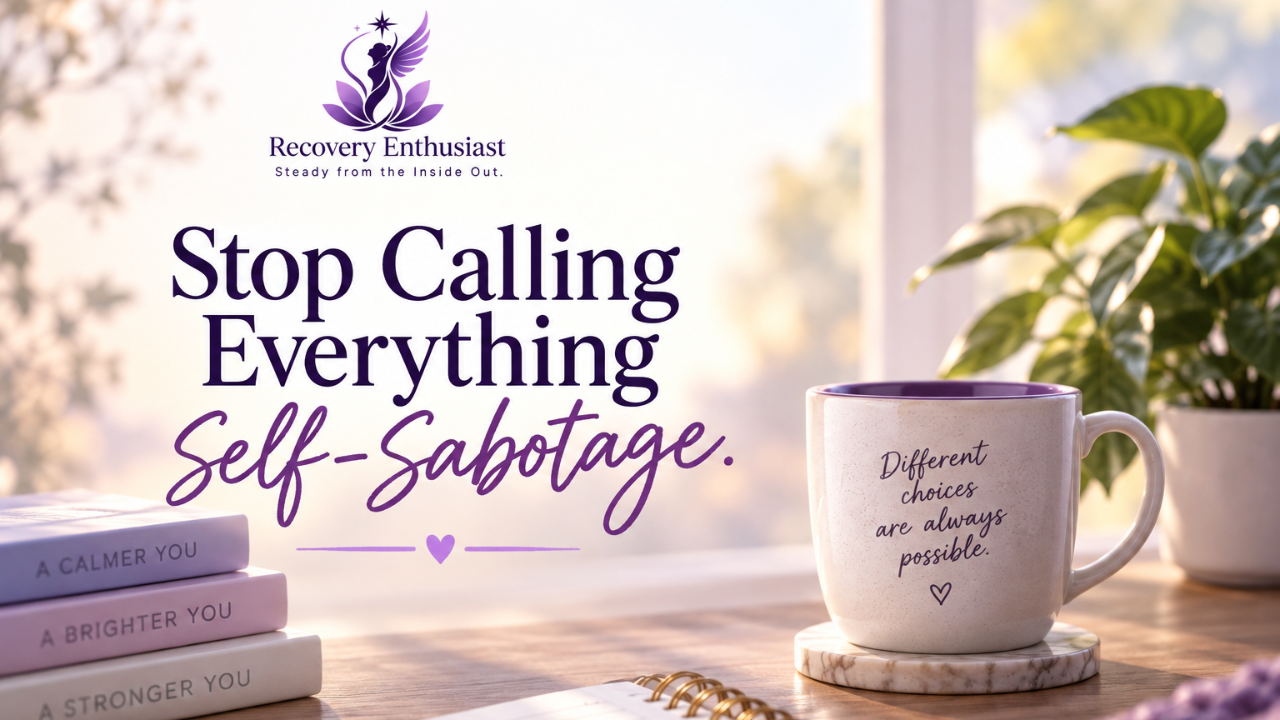 Stop Calling Everything Self-Sabotage blog graphic with a calm purple workspace, mug, notebook, plant, and Recovery Enthusiast branding.