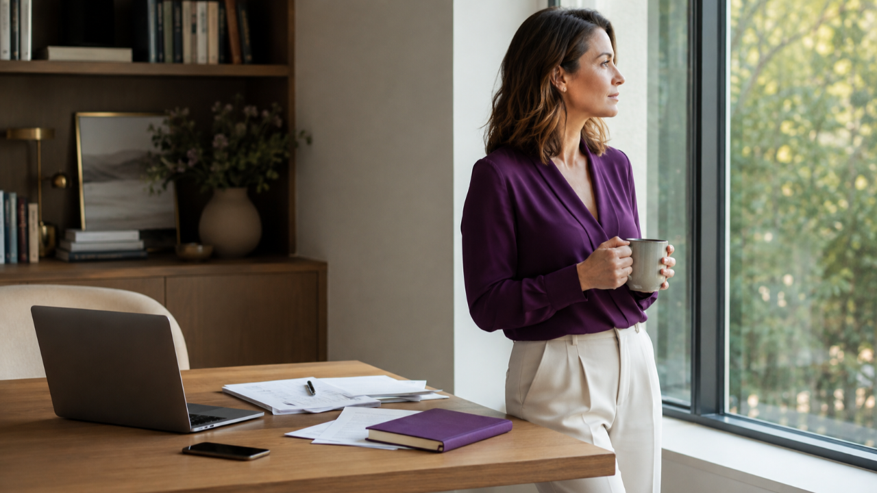 **Image alt attribute:** Woman pausing by a window while unfinished work remains on her desk.