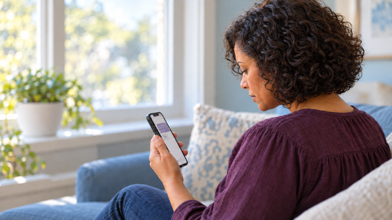 Woman reading an “Okay” text on her phone.
