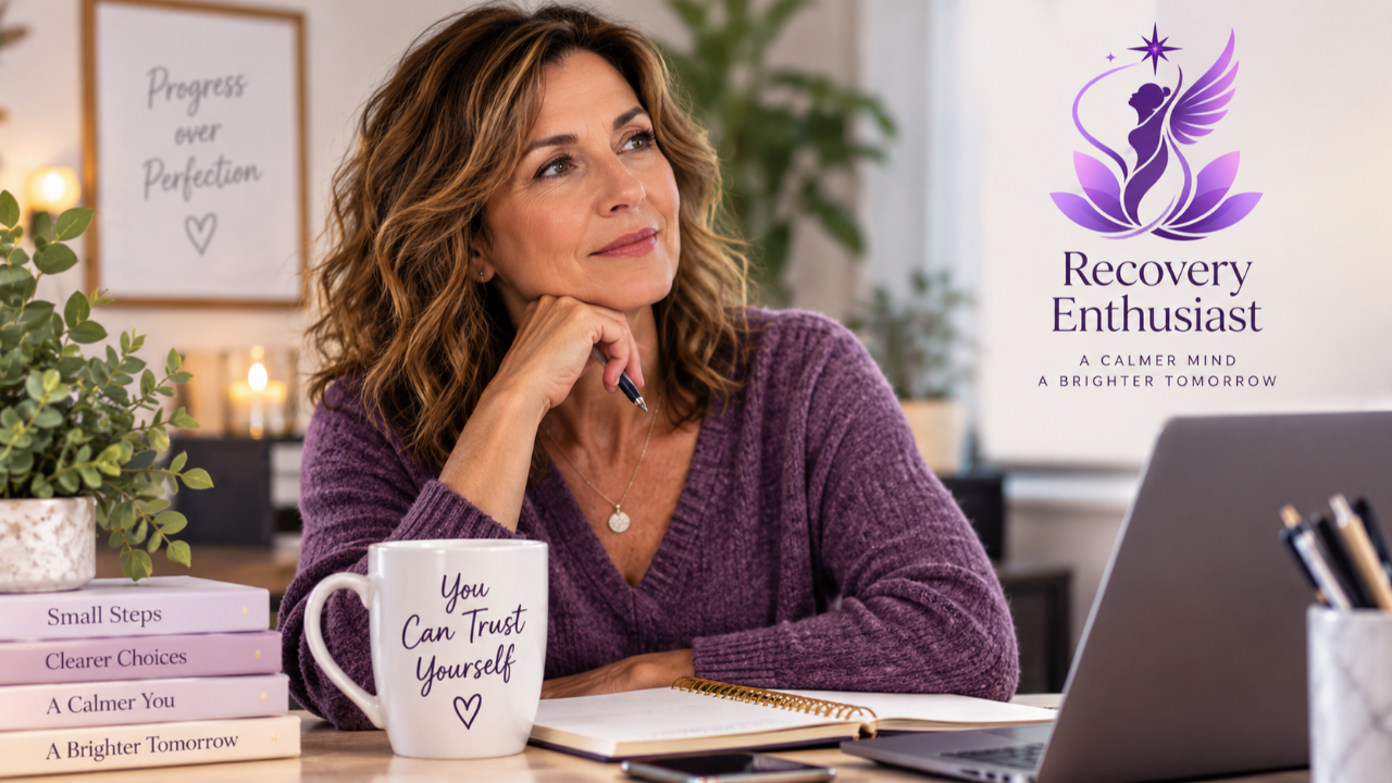 Woman reflecting at a desk with Recovery Enthusiast branding, representing self-trust and making decisions without certainty.