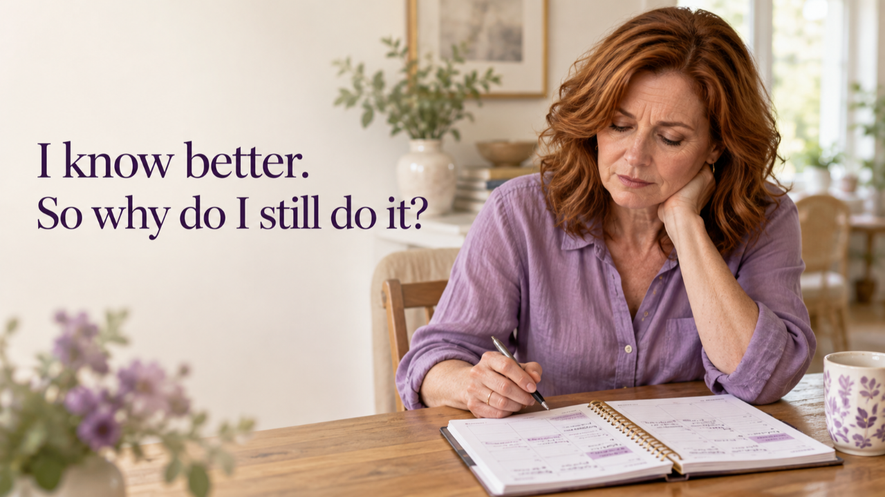 Woman with a planner. Text reads “I know better. So why do I still do it?”