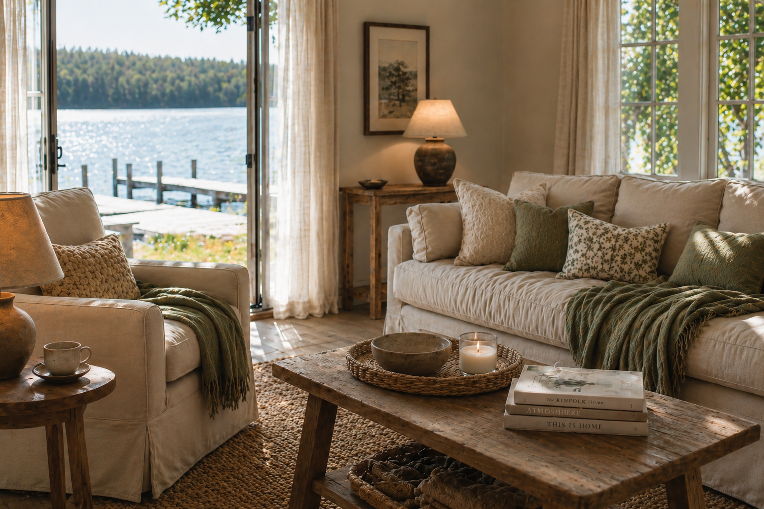 A warm, sunlit living room with linen sofas, layered green textiles, and a view of the lake