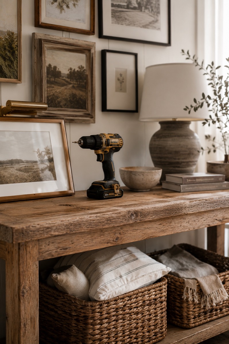 A drill resting on a rustic wood console beneath a collected gallery wall