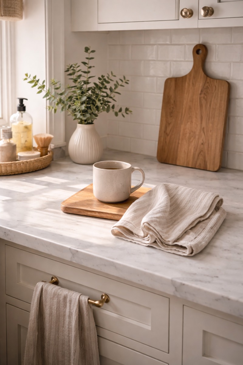 A bright kitchen counter with a mug of coffee, linen towel, and morning light