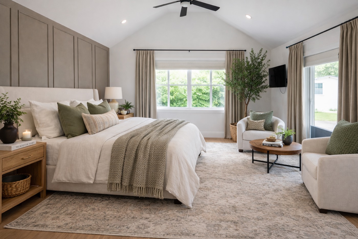 A calm bedroom with soft green pillows, natural light, and a knit throw across the bed
