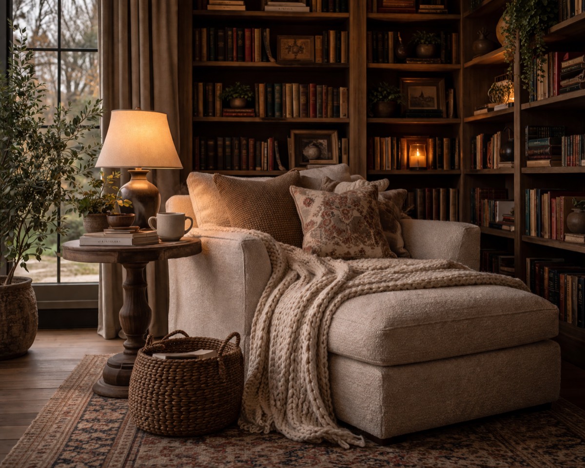 A cozy reading chair surrounded by warm bookshelves and lamplight
