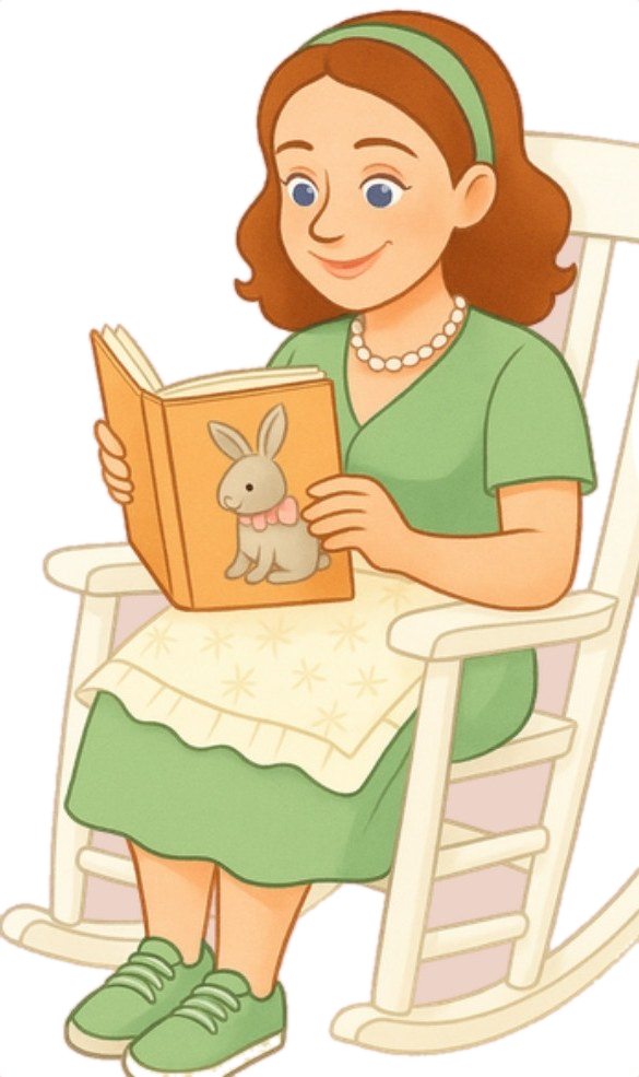 Cartoon of Lisa reading a story in a rocking chair