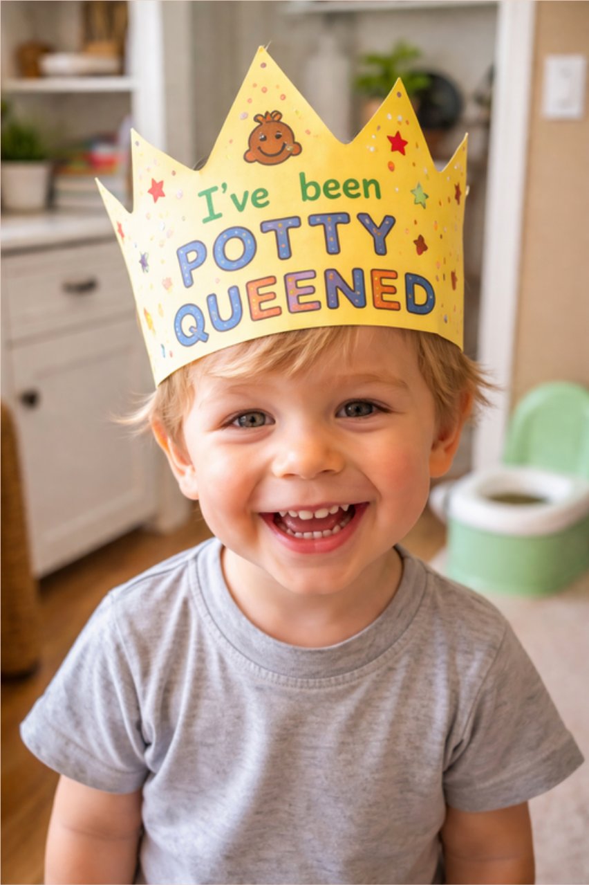 Smiling little boy wearing an 'I've been Potty Queened' crown