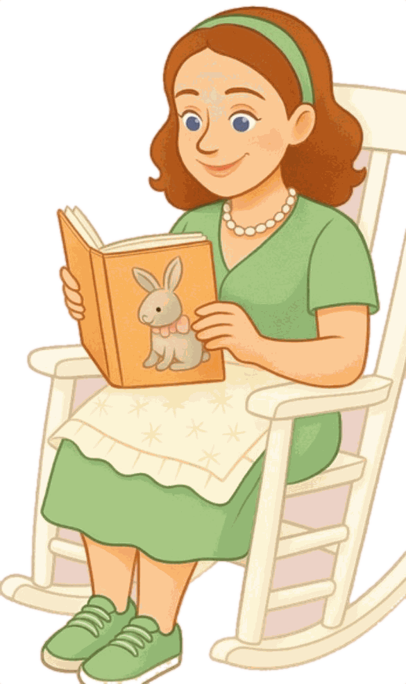 Cartoon of Lisa reading a story in a rocking chair