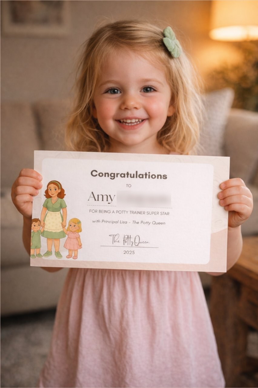 Smiling little girl holding up her potty certificate