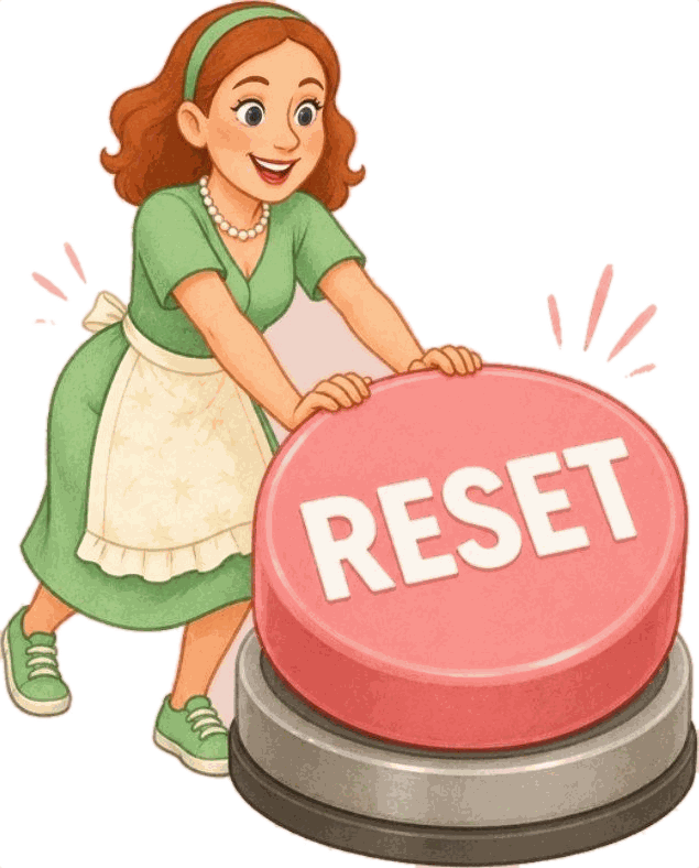 Cartoon of Principal Lisa pressing a big pink RESET button for the free Monday Reset