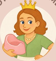 Cartoon of Lisa, The Potty Queen, wearing a crown and holding a potty