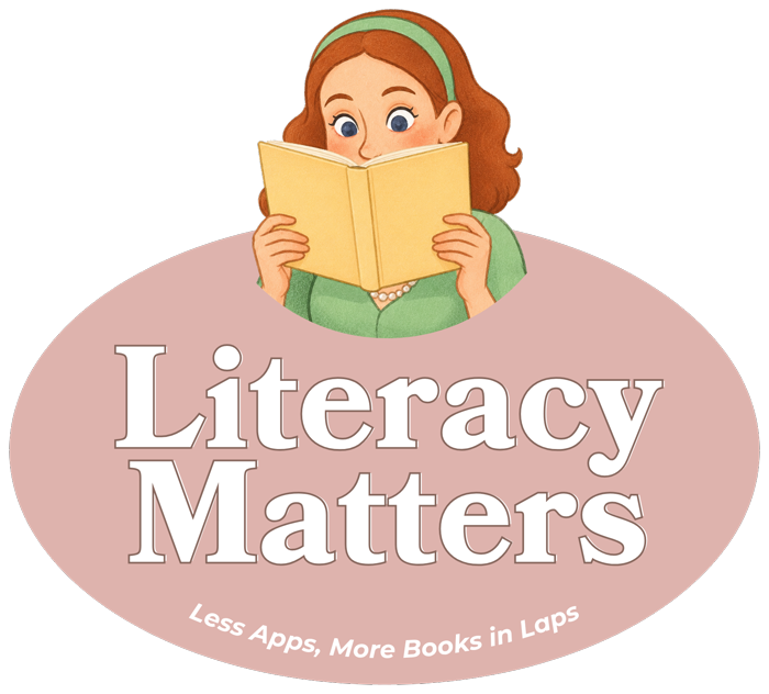 Literacy Matters logo: Less Apps, More Books in Laps